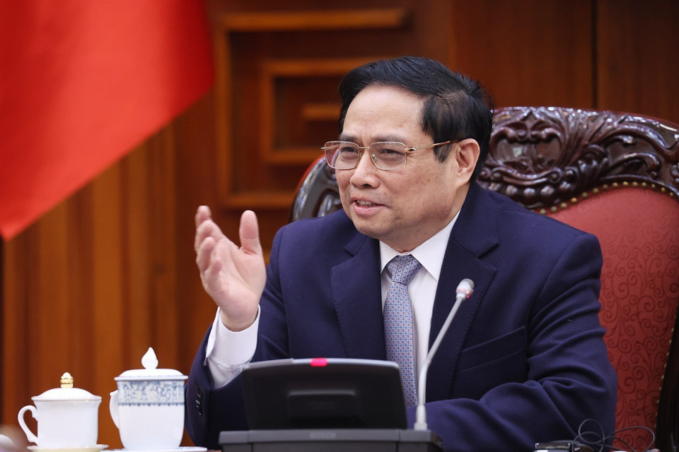 Thủ tướng Phạm Minh Chính phát biểu tại buổi tiếp. (Ảnh: Dương Giang/TTXVN)