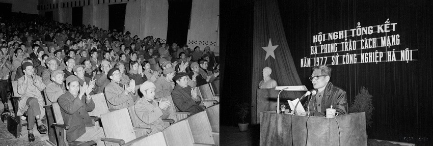 Đồng chí Lê Văn Lương, Ủy viên Bộ Chính trị, Bí thư Thành ủy Hà Nội phát biểu tại Hội nghị Sở Công nghiệp Hà Nội, chiều 4/1/1978. (Ảnh: Trịnh Liêm/TTXVN)