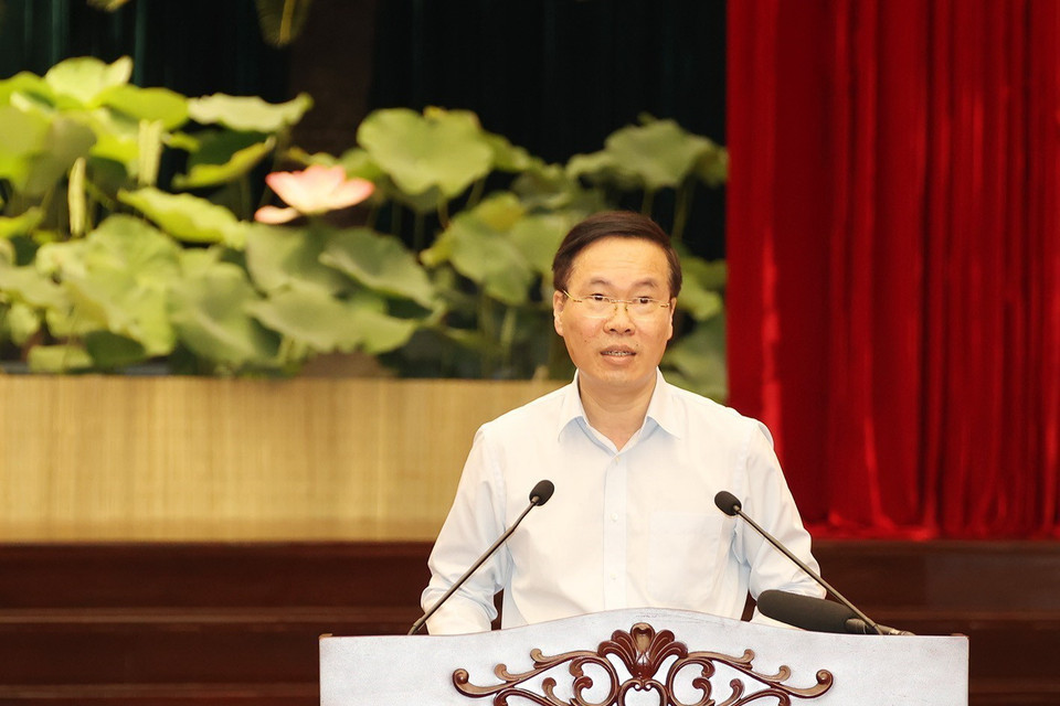 Ông Võ Văn Thưởng, Ủy viên Bộ Chính trị, Thường trực Ban Bí thư phát biểu tại buổi làm việc. (Ảnh: Trí Dũng/TTXVN)