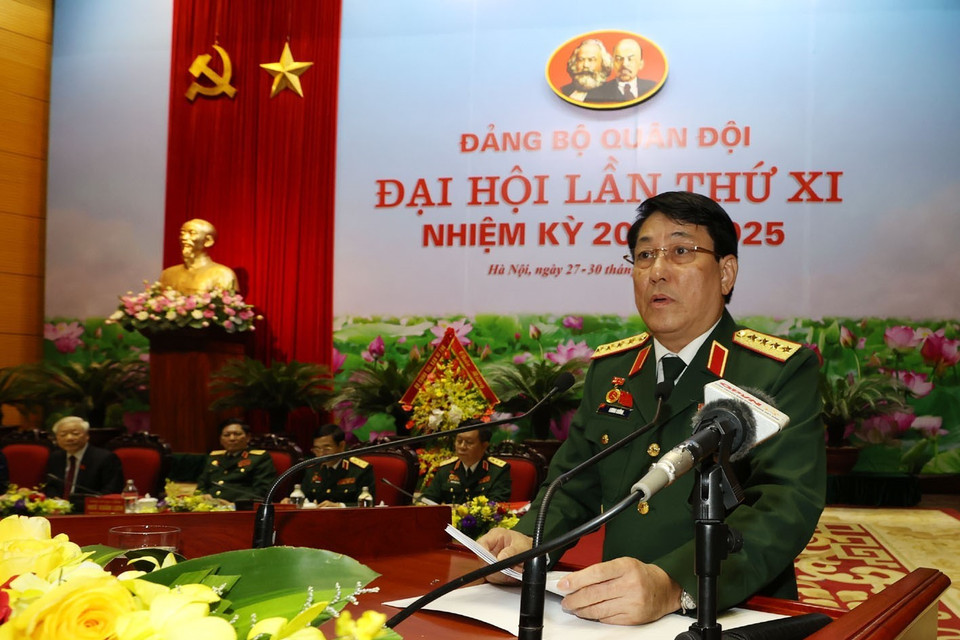 Đại tướng Lương Cường, Bí thư Trung ương Đảng, Chủ nhiệm Tổng cục Chính trị Quân đội nhân dân Việt Nam phát biểu. (Ảnh: Trí Dũng/TTXVN)