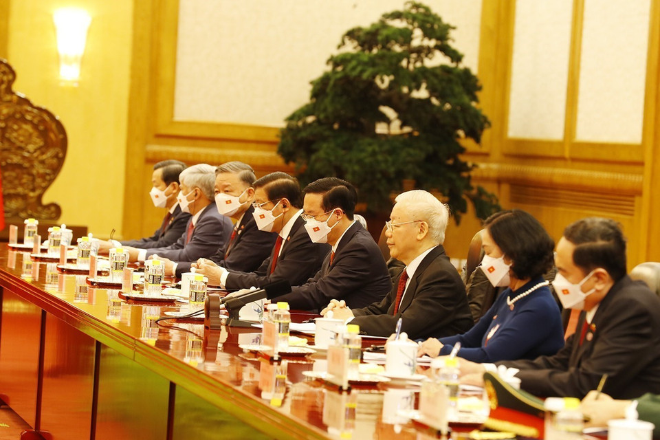 Tổng Bí thư Nguyễn Phú Trọng hội đàm với Tổng Bí thư, Chủ tịch Trung Quốc Tập Cận Bình. (Ảnh: Trí Dũng/TTXVN)