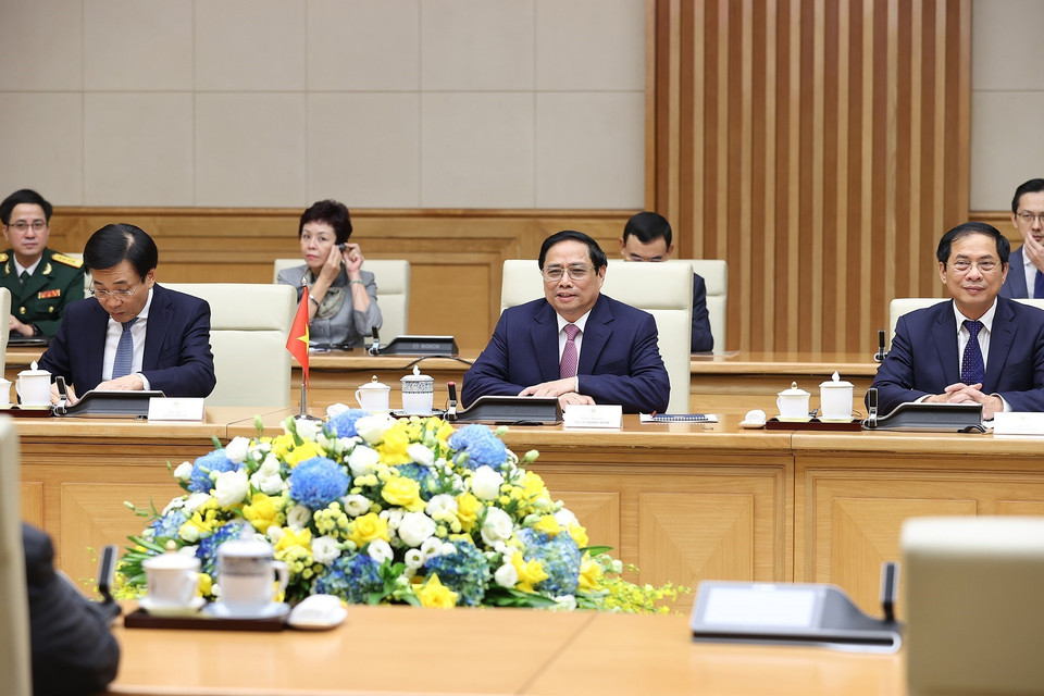 Thủ tướng Phạm Minh Chính phát biểu tại buổi tiếp. (Ảnh: Dương Giang/TTXVN)