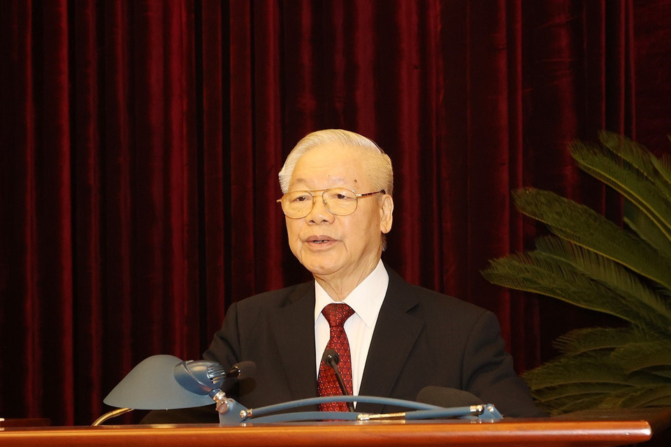 Tổng Bí thư Nguyễn Phú Trọng phát biểu kết luận hội nghị.(Ảnh: Trí Dũng/TTXVN)