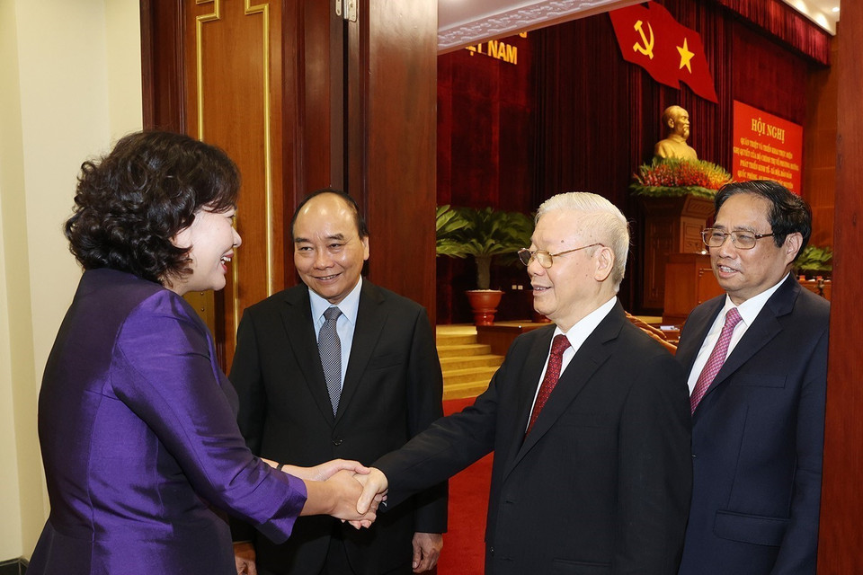 Tổng Bí thư Nguyễn Phú Trọng và các lãnh đạo Đảng, Nhà nước dự hội nghị.(Ảnh: Trí Dũng/TTXVN)