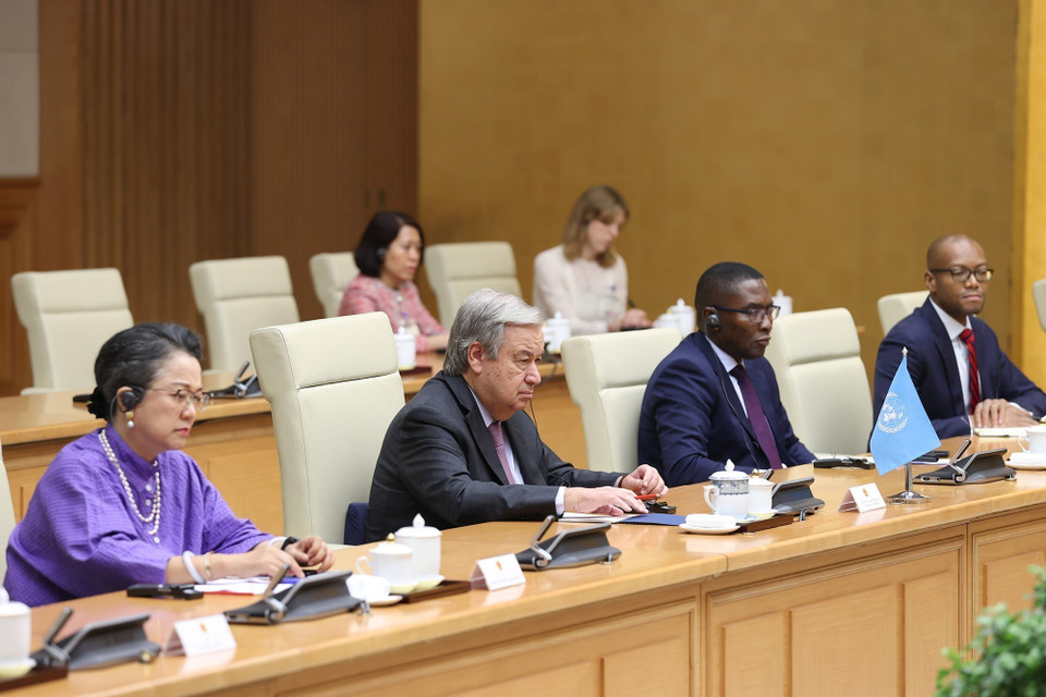 Tổng Thư ký Liên hợp quốc António Guterres phát biểu tại buổi tiếp. (Ảnh: Dương Giang/TTXVN)