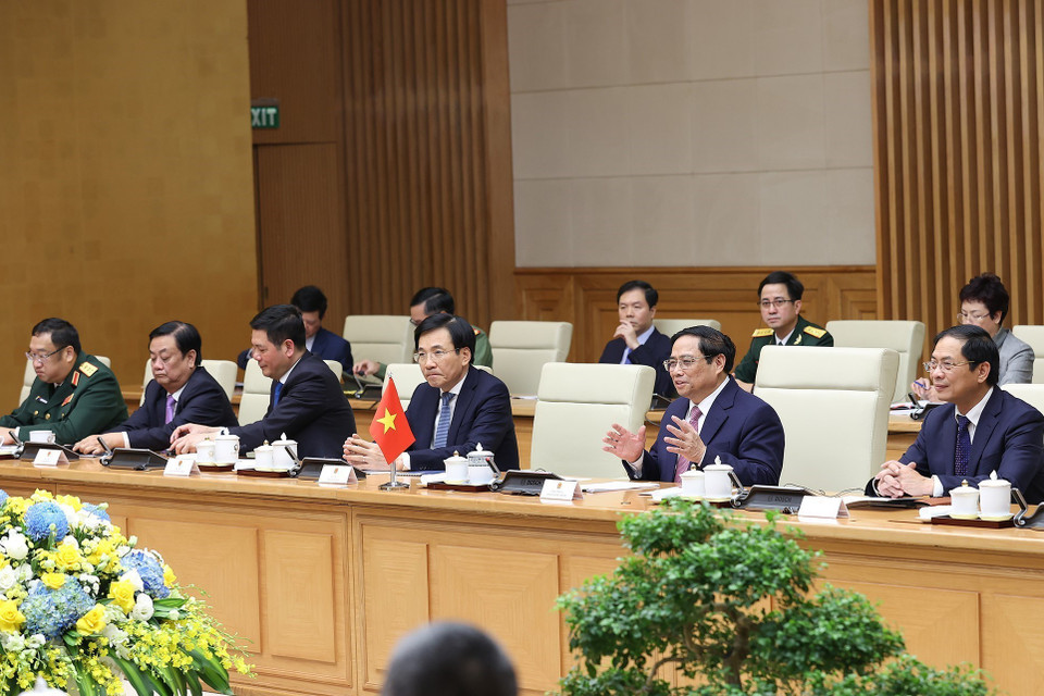 Thủ tướng Phạm Minh Chính phát biểu tại buổi tiếp. (Ảnh: Dương Giang/TTXVN)