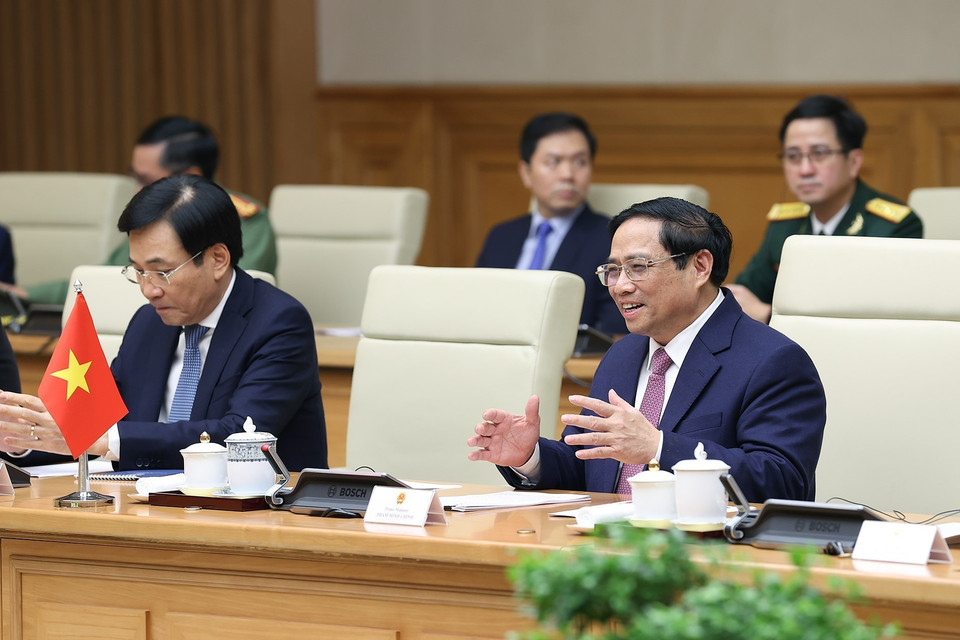 Thủ tướng Phạm Minh Chính phát biểu tại buổi tiếp. (Ảnh: Dương Giang/TTXVN)