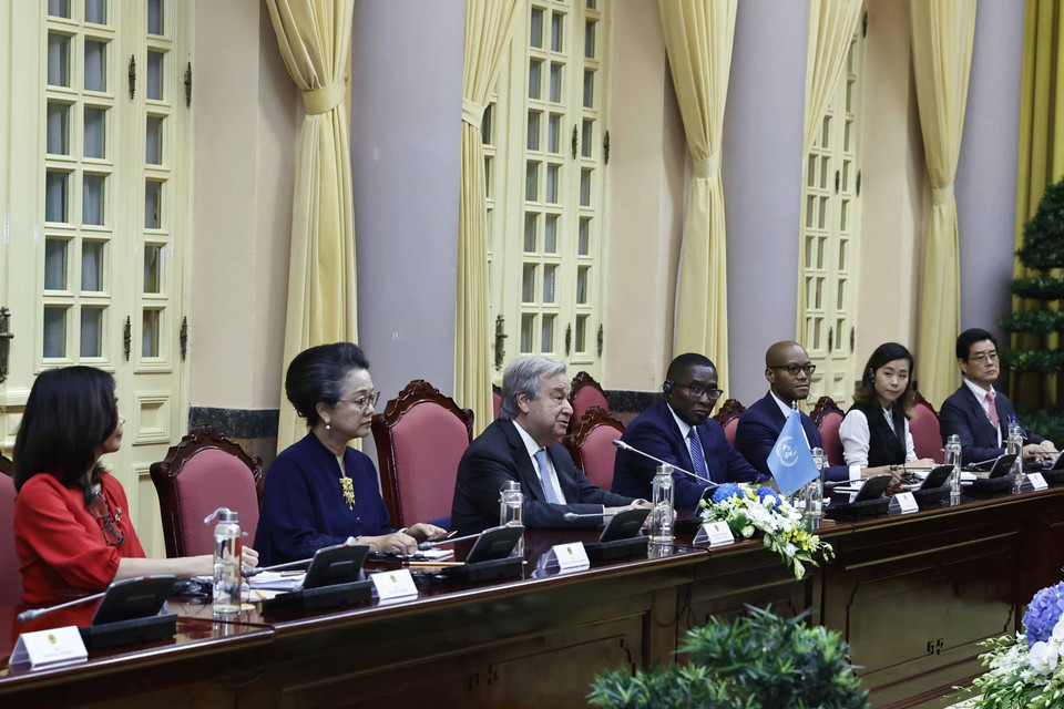 Tổng Thư ký Liên hợp quốc António Guterresphát biểu tại buổi hội đàm. (Ảnh: Lâm Khánh/TTXVN)