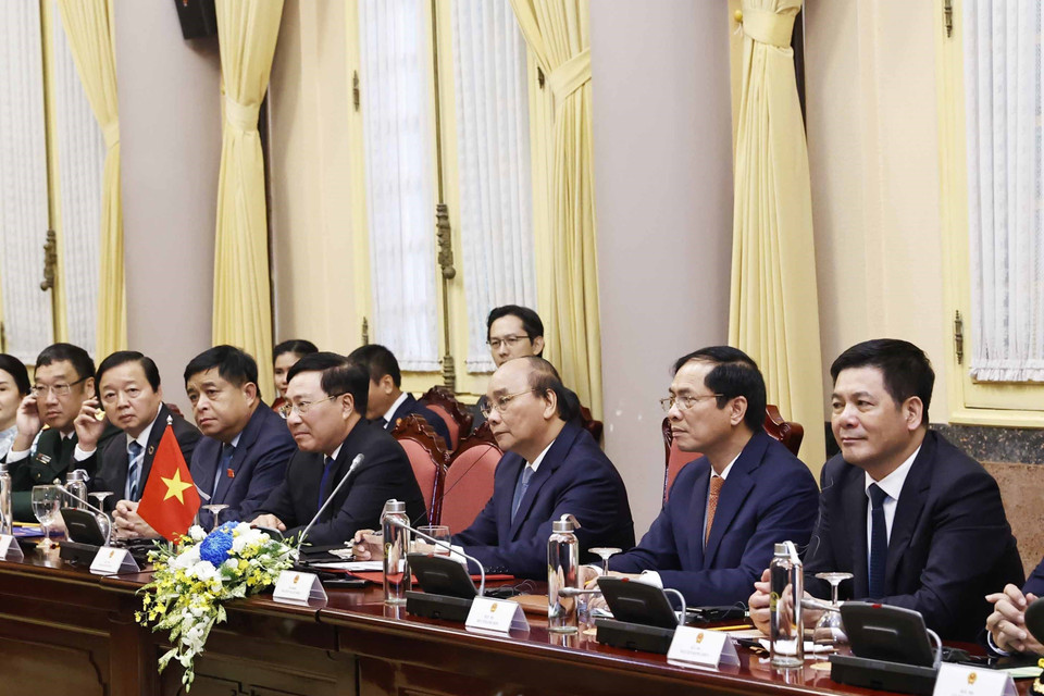 Chủ tịch nước Nguyễn Xuân Phúc phát biểu tại buổi hội đàm với Tổng Thư ký Liên hợp quốc António Guterres. (Ảnh: Lâm Khánh/TTXVN)