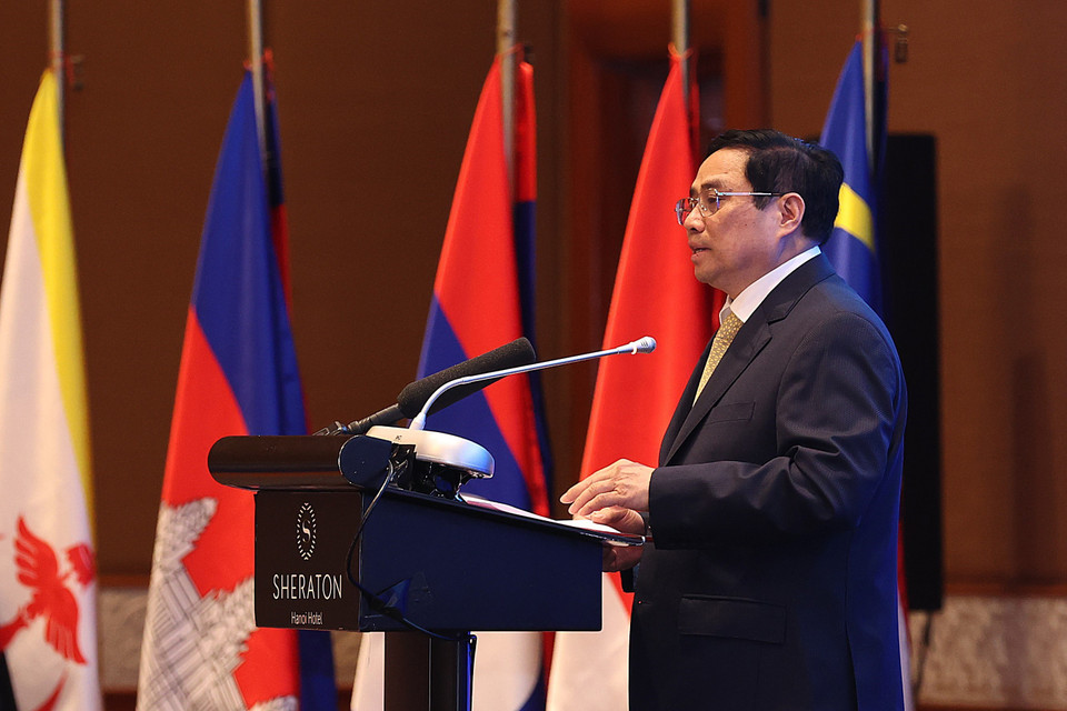 Thủ tướng Phạm Minh Chính phát biểu tại phiên họp trong khuôn khổ Diễn đàn cấp cao ASEAN, sáng 30/11/2021 tại Hà Nội. (Ảnh: Dương Giang/TTXVN)