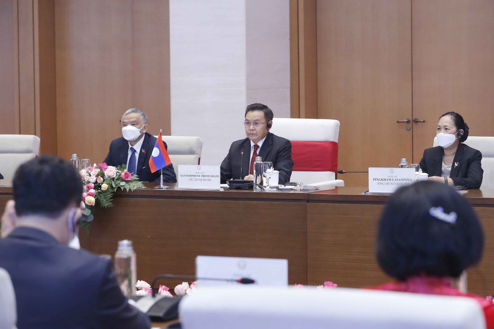 Chủ tịch Quốc hội nước Cộng hòa Dân chủ Nhân dân Lào Xaysomphone Phomvihane phát biểu tại buổi hội đàm. (Ảnh: Doãn Tấn/TTXVN)