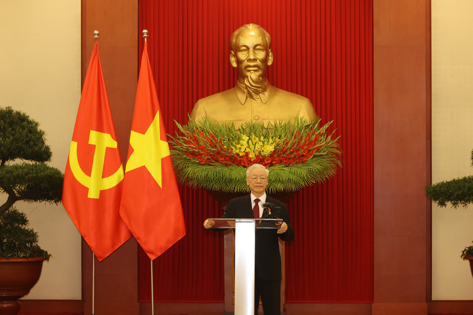 Tổng Bí thư Nguyễn Phú Trọng phát biểu tại Lễ trao tặng Giải thưởng. (Ảnh: Trí Dũng/TTXVN)