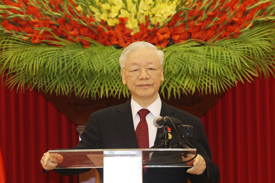 Tổng Bí thư Nguyễn Phú Trọng phát biểu tại Lễ trao tặng Giải thưởng Lenin. (Ảnh: Trí Dũng/TTXVN)