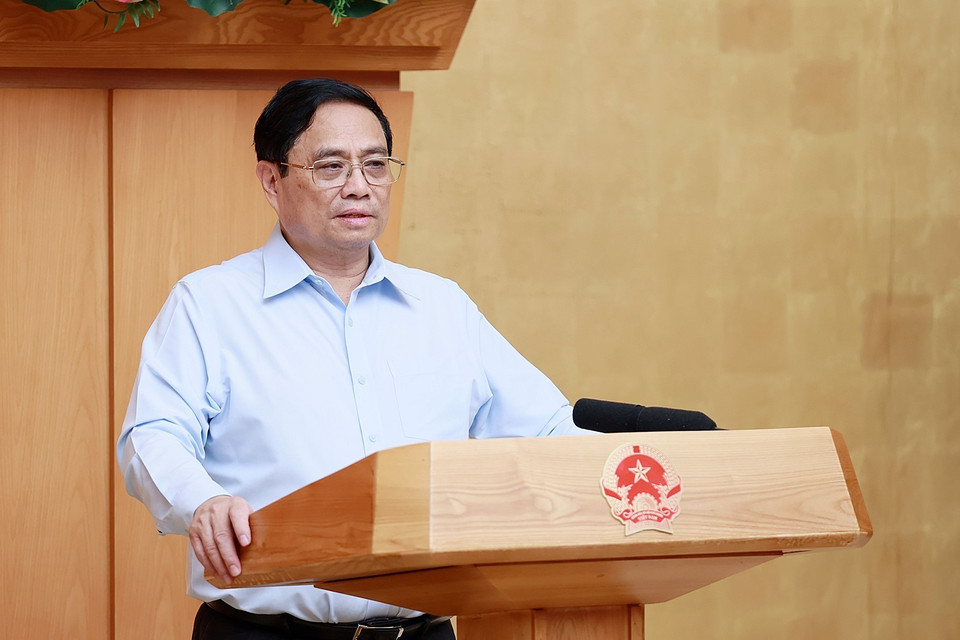 Thủ tướng Phạm Minh Chính phát biểu tại Phiên họp Chính phủ thường kỳ tháng 7/2023. (Ảnh: Dương Giang/TTXVN)