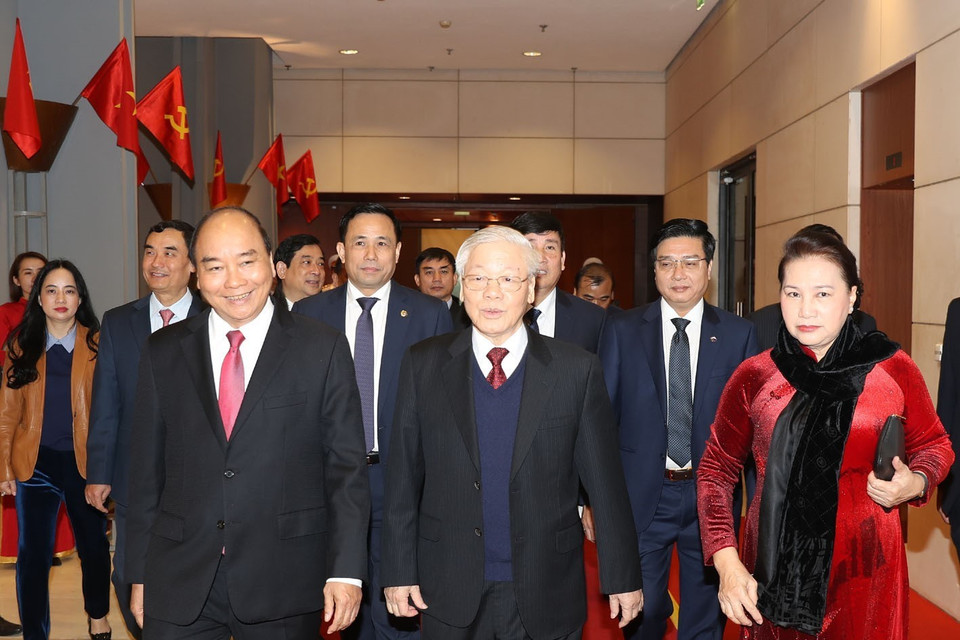 Tổng Bí thư, Chủ tịch nước Nguyễn Phú Trọng, Thủ tướng Nguyễn Xuân Phúc, Chủ tịch Quốc hội Nguyễn Thị Kim Ngân dự Lễ kỷ niệm. (Ảnh: Trí Dũng/TTXVN)