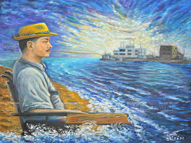 Tác phẩm Hoài niệm vẽ về Trường Sa - nơi anh từng làm nhiệm vụ khi còn là lính hải quân.