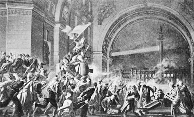 Đêm 7/11/1917 (25/10 theo lịch Nga cũ), lực lượng khởi nghĩa bao vây và tấn công Cung điện Mùa Đông ở Petrograd (nay là Saint Petersburg), nơi chính quyền tư sản phản động chiếm giữ. (Ảnh: Tư liệu/TTXVN)