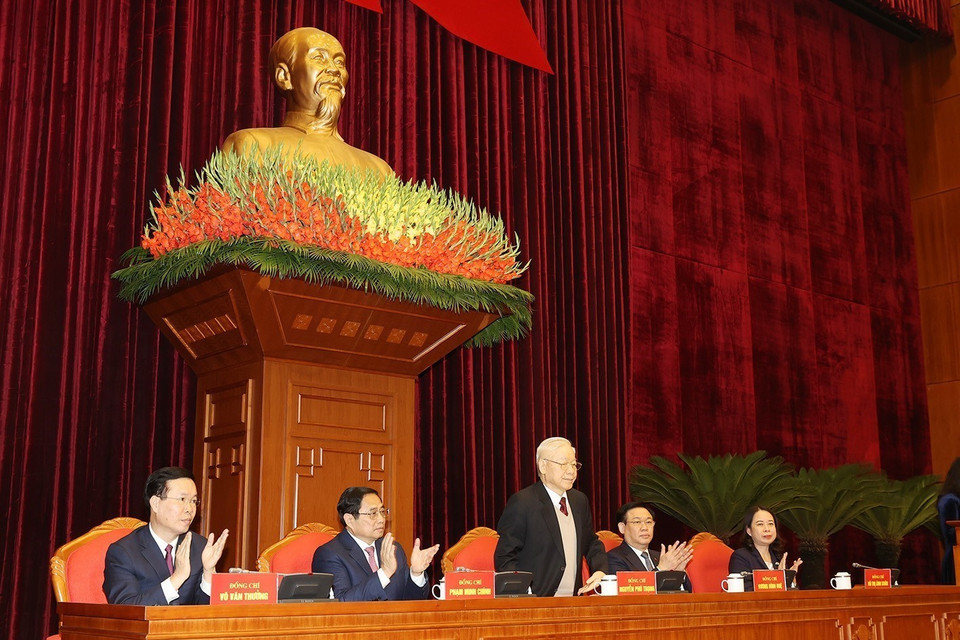 Tổng Bí thư Nguyễn Phú Trọng cùng các đồng chí lãnh đạo Đảng và Nhà nước chủ trì hội nghị. (Ảnh: Trí Dũng/TTXVN)