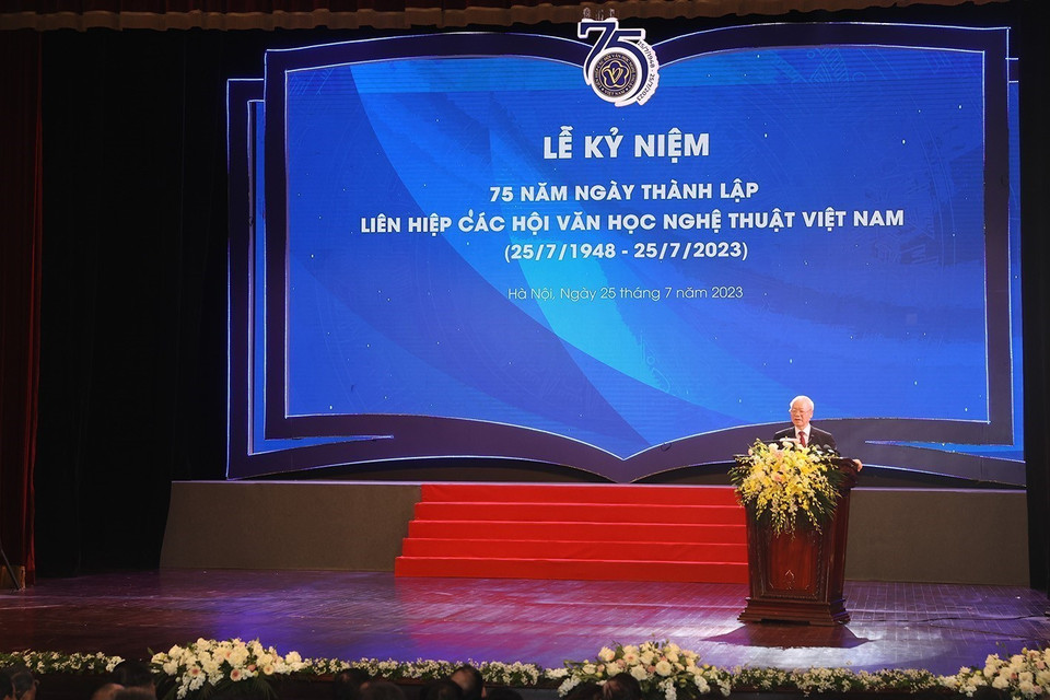 Tổng Bí thư Nguyễn Phú Trọng phát biểu tại lễ kỷ niệm. (Ảnh: Trí Dũng/TTXVN)