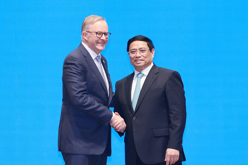 Thủ tướng Phạm Minh Chính và Thủ tướng Australia Anthony Albanese tại buổi gặp gỡ báo chí hai nước Việt Nam-Australia. (Ảnh: Dương Giang/TTXVN)