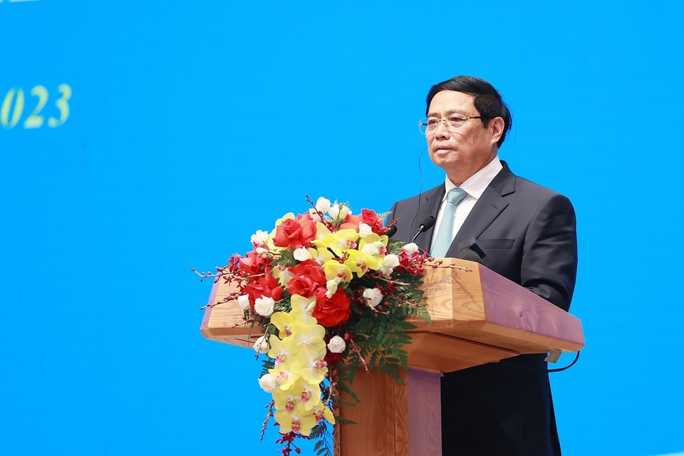 Thủ tướng Phạm Minh Chính phát biểu tại buổi gặp gỡ báo chí hai nước Việt Nam-Australia. (Ảnh: Dương Giang/TTXVN)