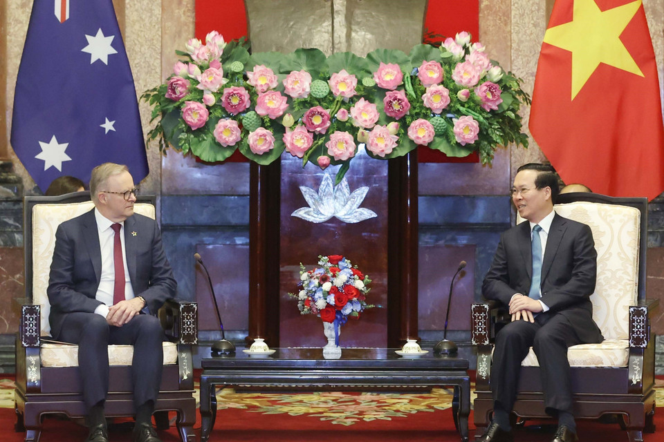 Chủ tịch nước Võ Văn Thưởng tiếp Thủ tướng Australia Anthony Albanese. (Ảnh: Thống Nhất/TTXVN)