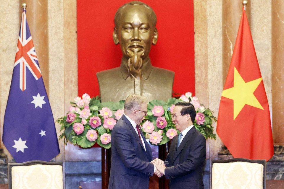 Chủ tịch nước Võ Văn Thưởng và Thủ tướng Australia Anthony Albanese. (Ảnh: Thống Nhất/TTXVN)