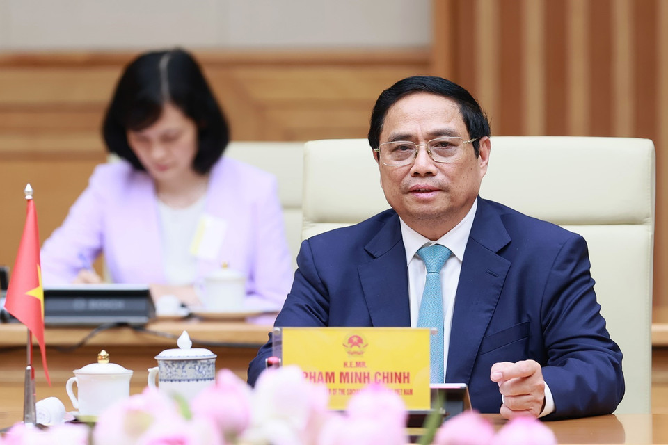 Thủ tướng Phạm Minh Chính phát biểu tại buổi tiếp Chủ tịch Quốc hội Bờ Biển Ngà Adama Bictogo. (Ảnh: Dương Giang/TTXVN)