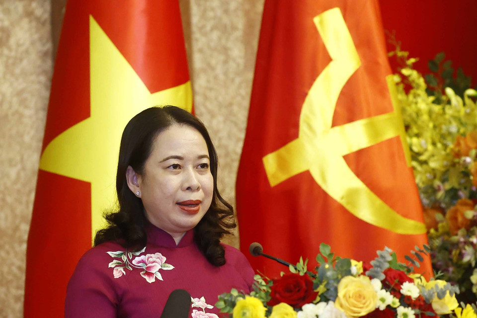 Quyền Chủ tịch nước Võ Thị Ánh Xuân phát biểu. (Ảnh: Thống Nhất/TTXVN)