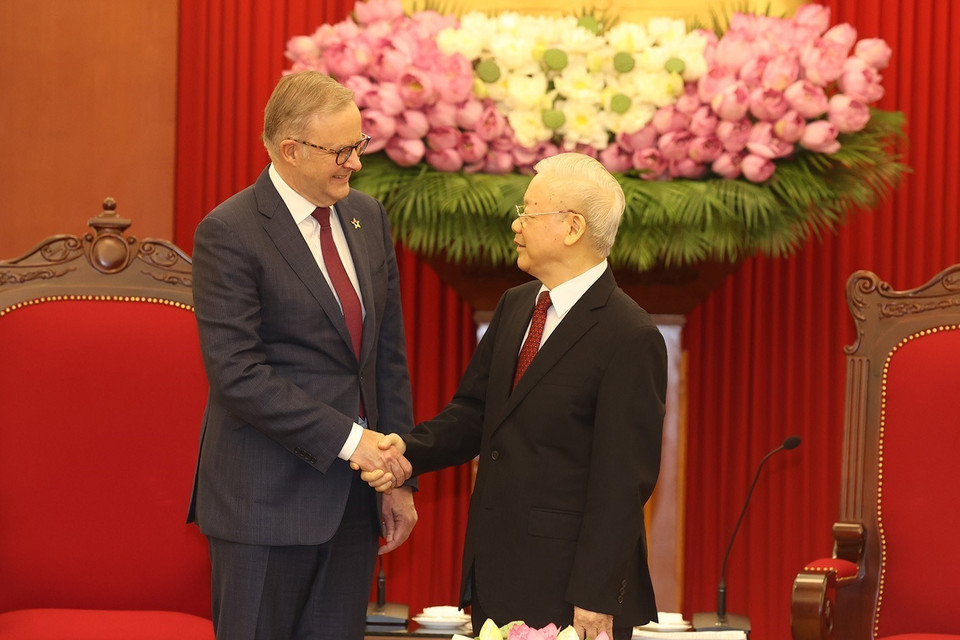 Tổng Bí thư Nguyễn Phú Trọng và Thủ tướng Australia Anthony Albanese. (Ảnh: Trí Dũng/TTXVN)