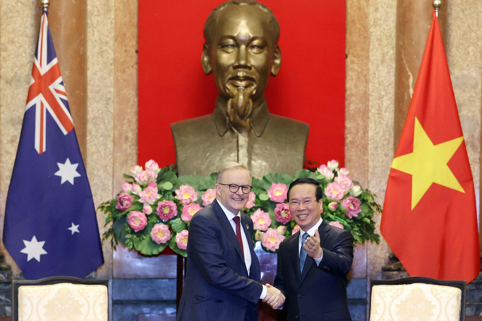 Chủ tịch nước Võ Văn Thưởng và Thủ tướng Australia Anthony Albanese. (Ảnh: Thống Nhất/TTXVN)