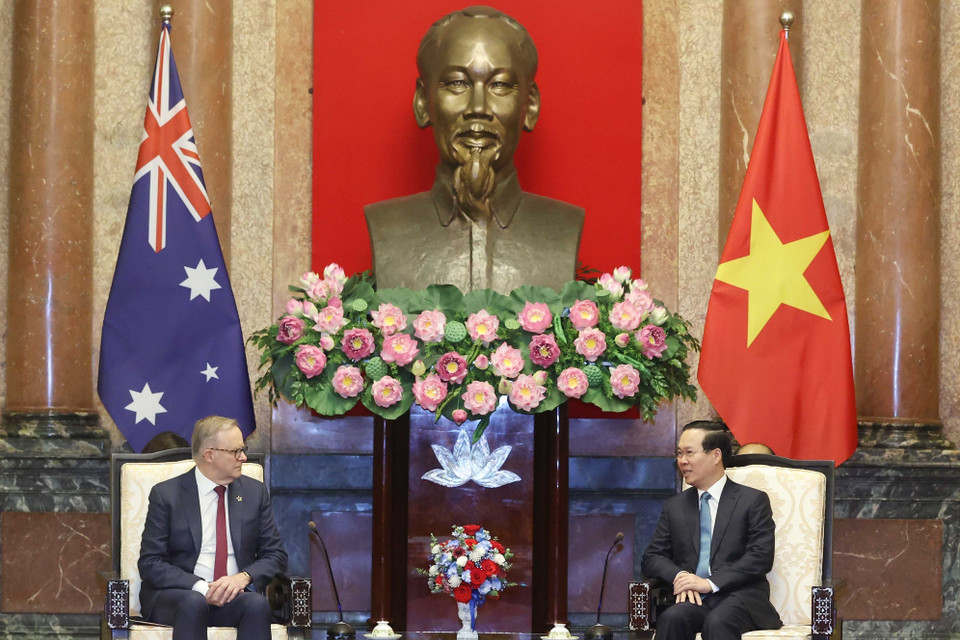 Chủ tịch nước Võ Văn Thưởng tiếp Thủ tướng Australia Anthony Albanese. (Ảnh: Thống Nhất/TTXVN)
