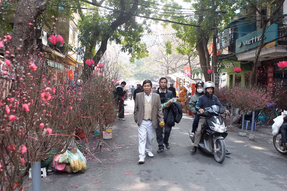 Từ 23 tháng Chạp, chợ hoa Hàng Lược bắt đầu họp, thu hút đông đảo người dân đến chọn mua hoa. (Ảnh: Quốc Khánh/TTXVN)