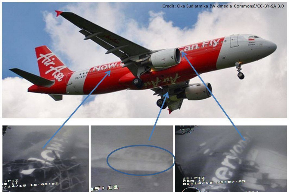 Máy bay AirAsia QZ8501 (phía trên) và phần thân (phía dưới) máy bay AirAsia dưới biển. (Nguồn: AFP/RSM/TTXVN)