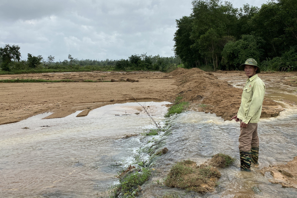 Vụ sạt lở núi Trang Dài gây sa bồi thủy phá 2.000m2 đất ruộng của ông Trần Quang Thân (thôn Phú Mỹ, xã Tây Phú) khiến ông không thể sản xuất. (Ảnh: Tường Quân/TTXVN)