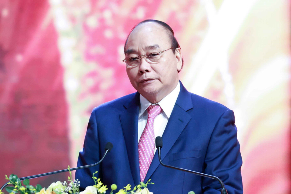 Chủ tịch nước Nguyễn Xuân Phúc phát biểu tại Lễ trao Giải báo chí Quốc gia lần thứ XV - năm 2020. (Ảnh: Thống Nhất/TTXVN)