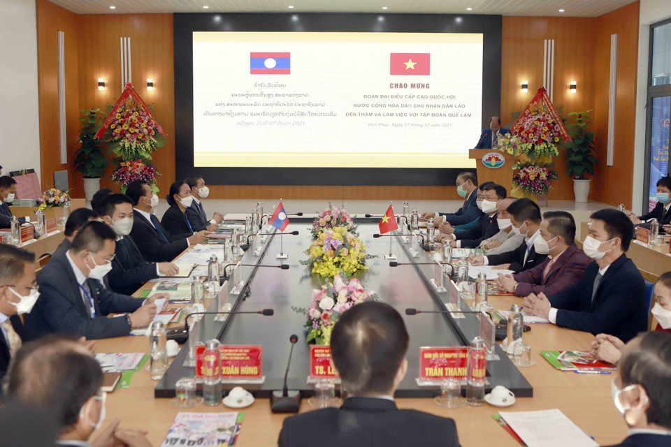 Đoàn đại biểu cấp cao Quốc hội Lào (bên trái) có buổi làm việc với Tập đoàn Quế Lâm. (Ảnh: Hoàng Hùng/TTXVN)