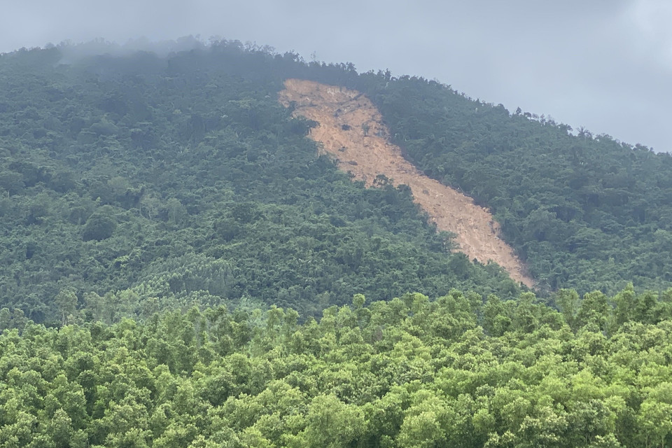 Núi Trang Dài sạt lở bắt đầu từ ngày 26/12 đến nay, dưới chân núi có nhiều rừng sản xuất của người dân vừa khai thác. (Ảnh: Tường Quân/TTXVN)