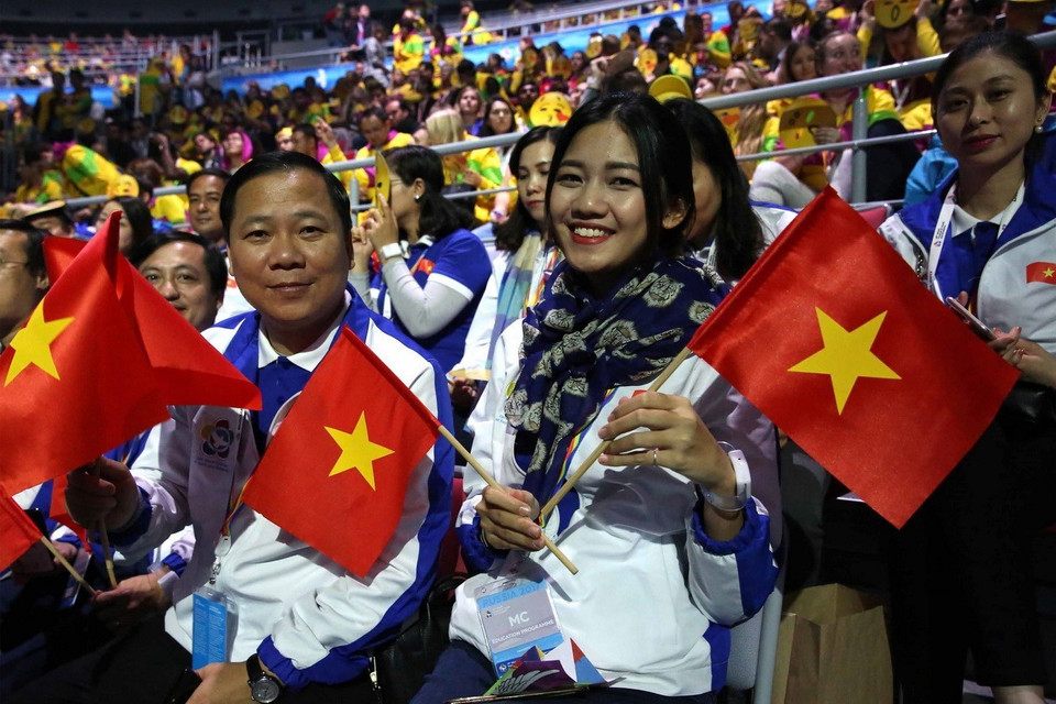 Đoàn đại biểu Việt Nam dự lễ khai mạc Liên hoan Thanh niên và Sinh viên thế giới lần thứ 19, Sochi, năm 2017. (Ảnh: Aleksanđr Riumin/TASS)