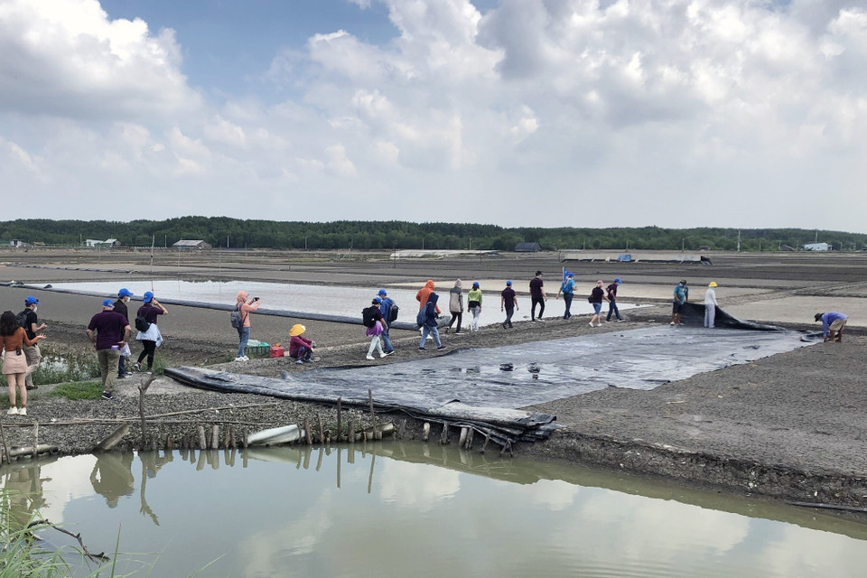 Du khách tham quan cánh đồng muối tại huyện Cần Giờ. (Ảnh: Mỹ Phương/TTXVN)