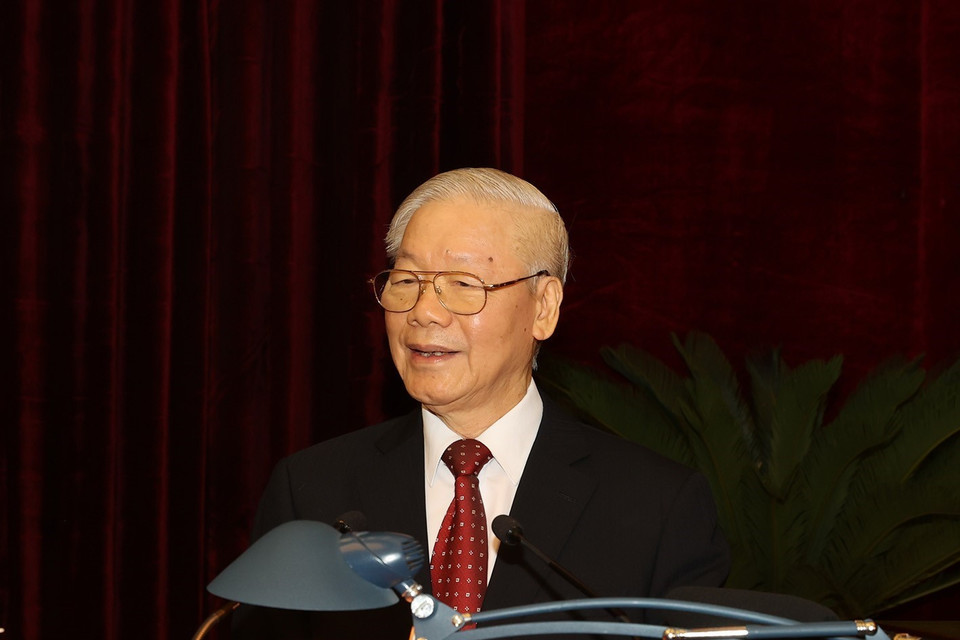 Tổng Bí thư Nguyễn Phú Trọng phát biểu bế mạc Hội nghị. (Ảnh: Trí Dũng/TTXVN)