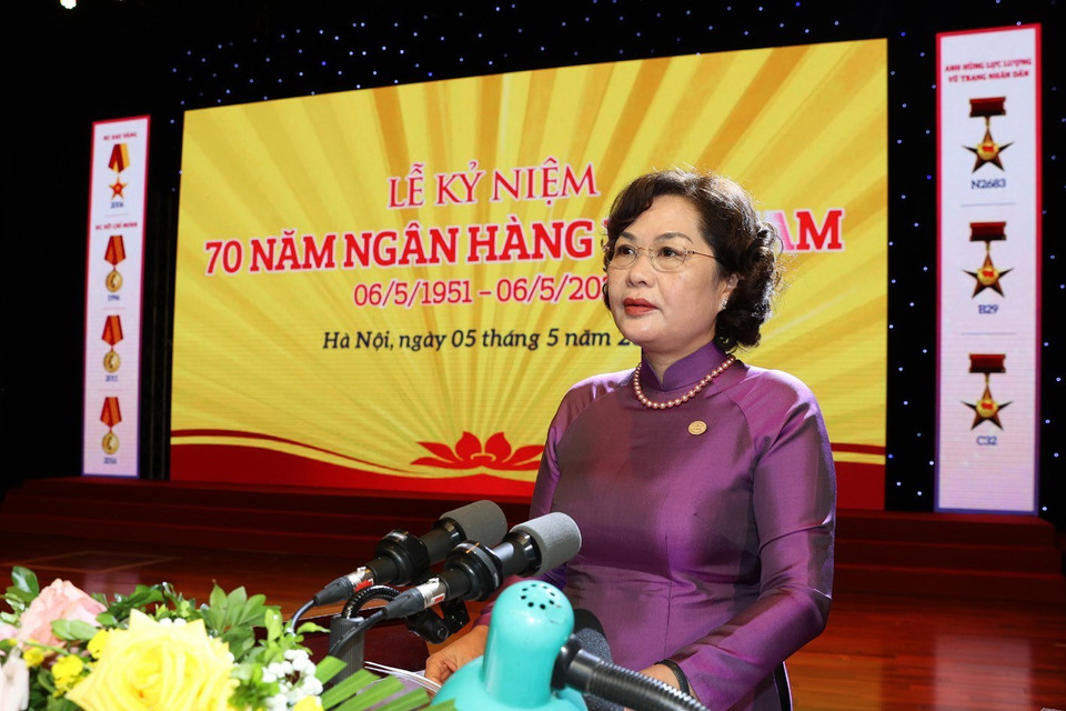 Đồng chí Nguyễn Thị Hồng, Ủy viên Trung ương Đảng, Thống đốc Ngân hàng Nhà nước Việt Nam phát biểu tại Lễ kỷ niệm. (Ảnh: Trí Dũng/TTXVN)
