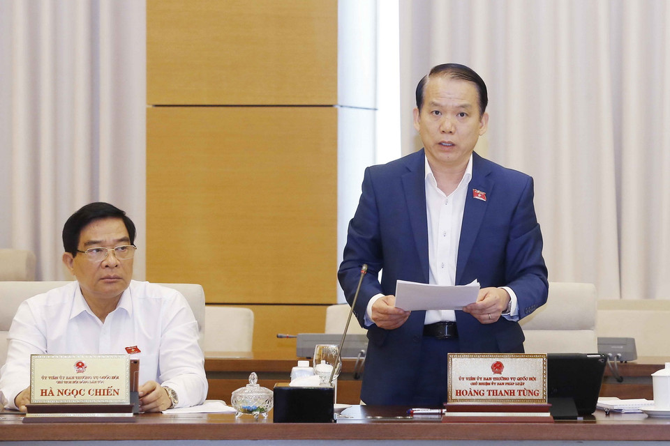 Chủ nhiệm Ủy ban Pháp luật của Quốc hội Hoàng Thanh Tùng trình bày các báo cáo thẩm tra. (Ảnh: Doãn Tấn/TTXVN)