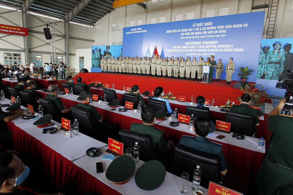  Quang cảnh Lễ xuất quân Bệnh viện dã chiến 2.3 lên đường làm nhiệm vụ tại Bentiu, Nam Sudan. (Ảnh: Thanh Vũ/TTXVN)