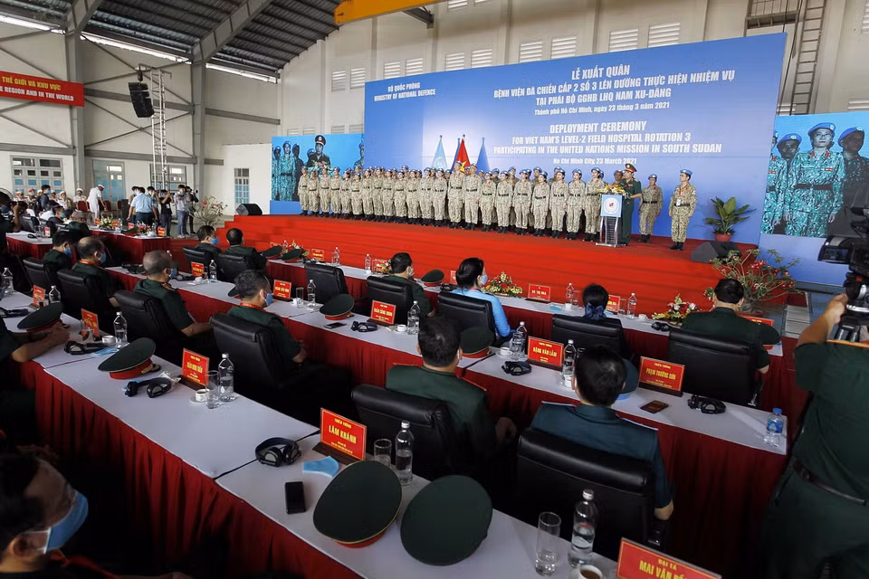  Quang cảnh Lễ xuất quân Bệnh viện dã chiến 2.3 lên đường làm nhiệm vụ tại Bentiu, Nam Sudan. (Ảnh: Thanh Vũ/TTXVN)
