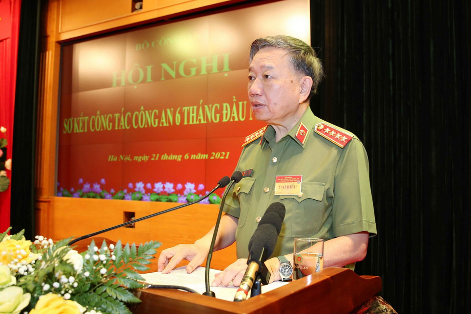 Đại tướng Tô Lâm, Ủy viên Bộ Chính trị, Bộ trưởng Bộ Công an phát biểu. (Ảnh: Phạm Kiên/TTXVN)