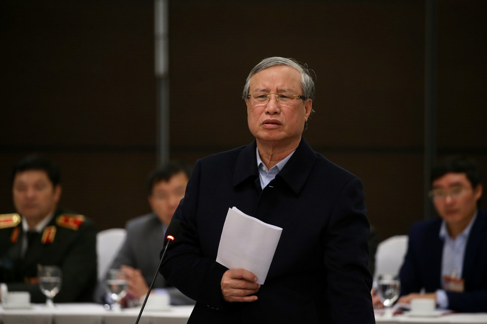 Ông Trần Quốc Vượng, Ủy viên Bộ Chính trị, Thường trực Ban Bí thư chủ trì họp rút kinh nghiệm công tác chuẩn bị. (Ảnh: Dương Giang/TTXVN)