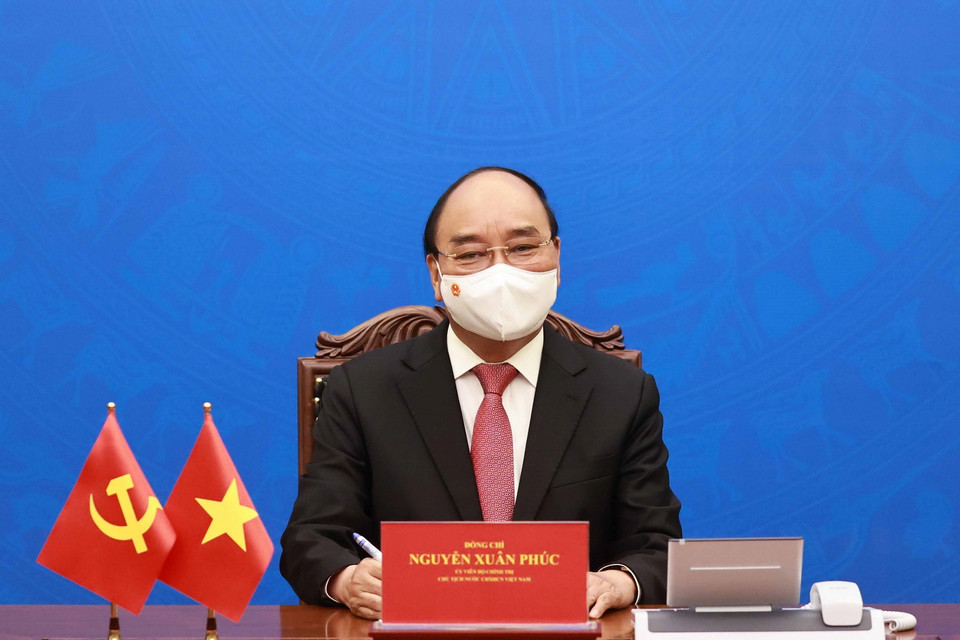 Quang cảnh buổi điện đàm. (Ảnh: Thống Nhất/TTXVN)