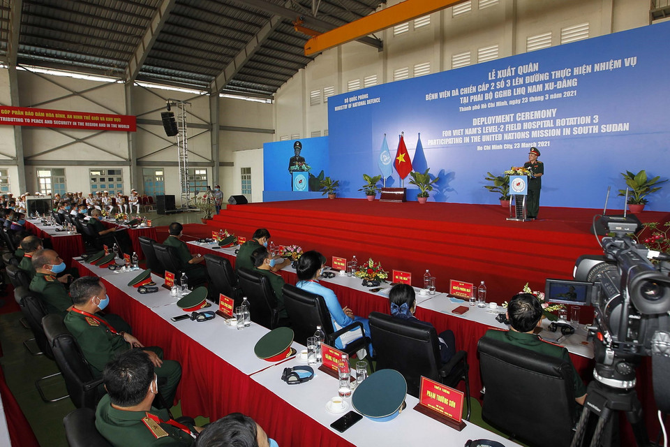  Quang cảnh Lễ xuất quân Bệnh viện dã chiến 2.3 lên đường làm nhiệm vụ tại Bentiu, Nam Sudan. (Ảnh: Thanh Vũ/TTXVN)