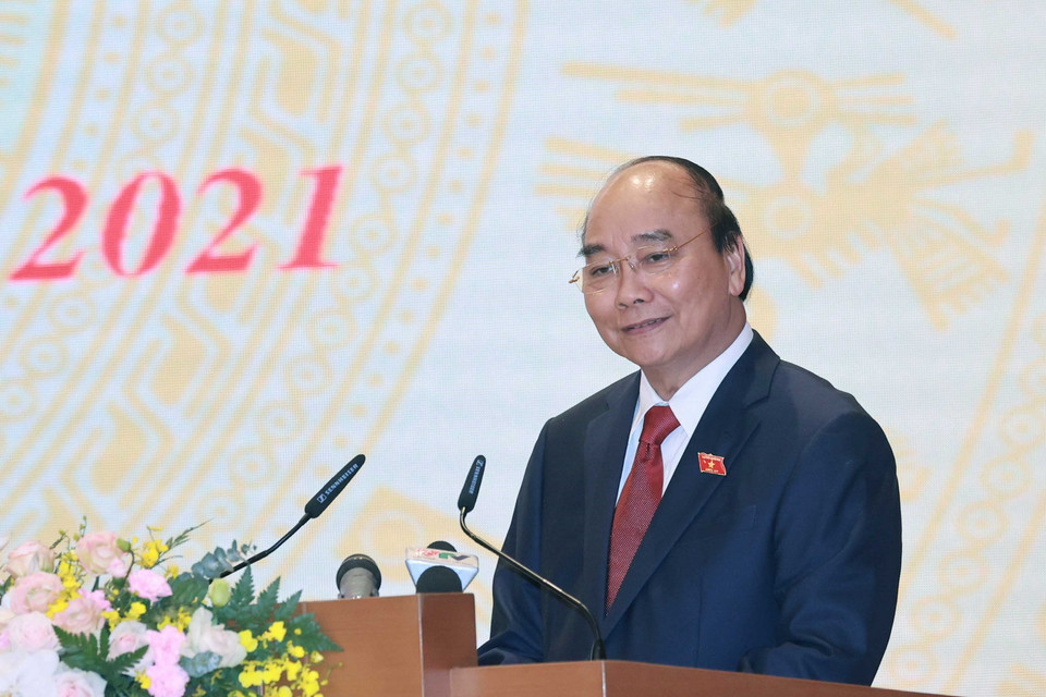 Ông Nguyễn Xuân Phúc, Ủy viên Bộ Chính trị, Chủ tịch nước, Thủ tướng Chính phủ nhiệm kỳ 2016-2021 phát biểu. (Ảnh: Thống Nhất/TTXVN)